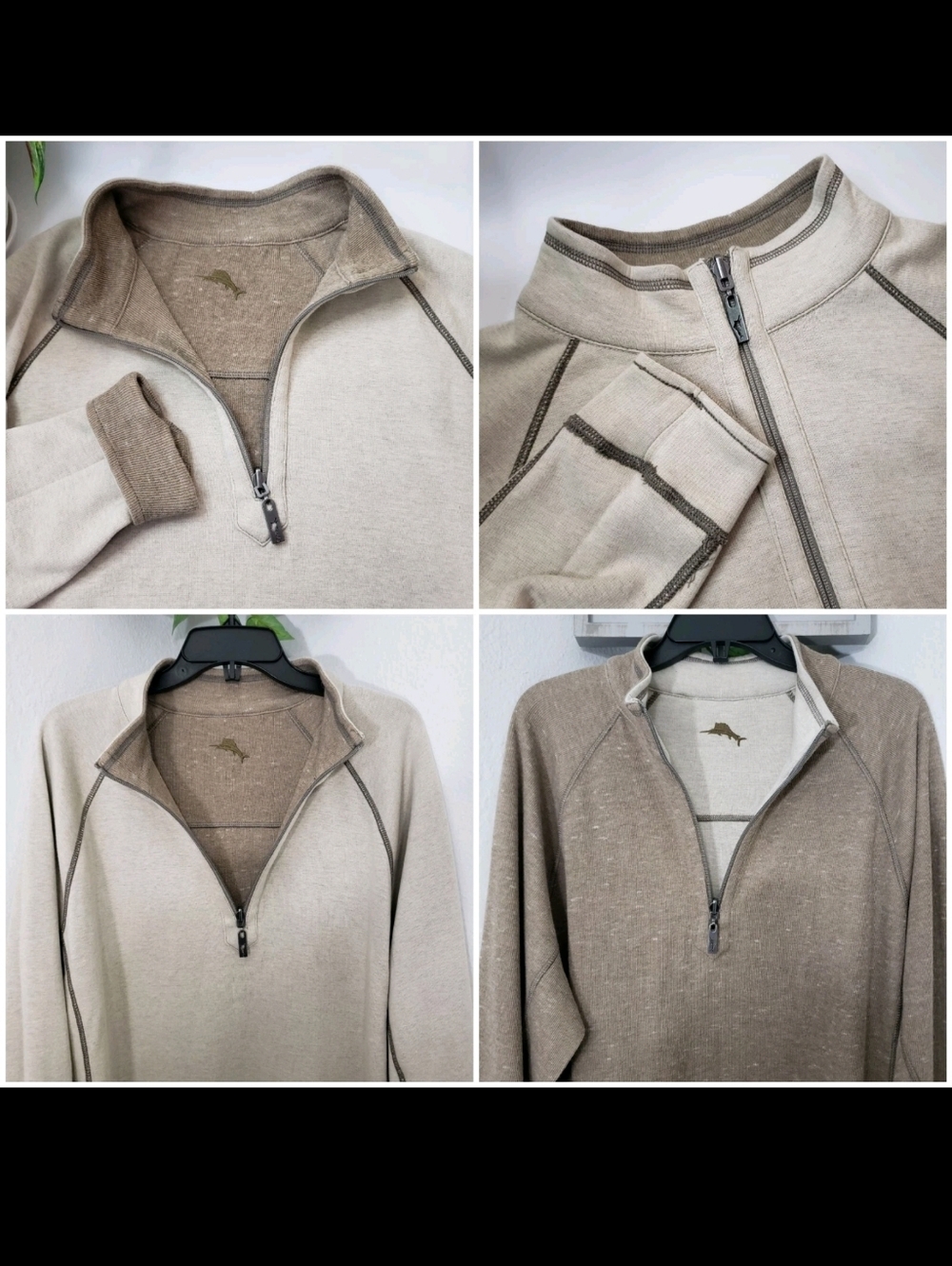 Tommy Bahama REVERSABLE Quarter Zip - Oatmeal & Brown Mens Swordfish Logo Large